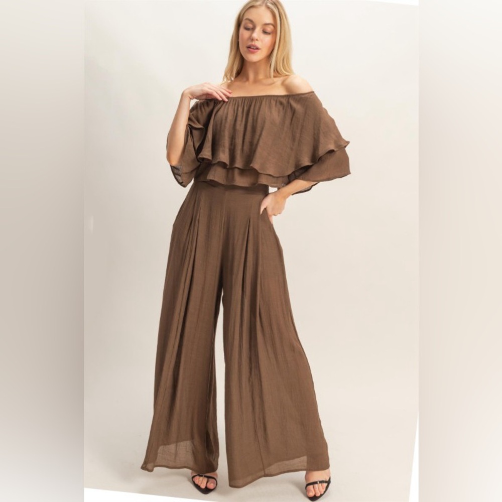 Off-Shoulder Wide Leg Jumpsuit - Brown